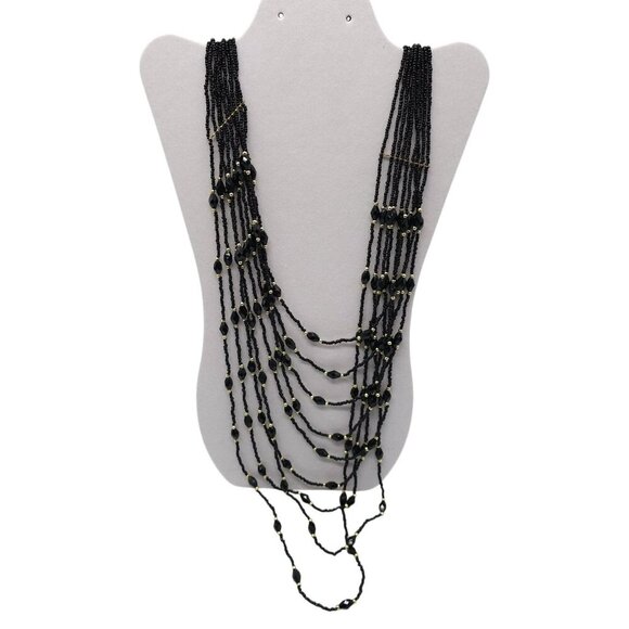 Multi Strand Black Seed Bead Necklace With Faceted Accents And Gold Tone Clasp - Picture 1 of 6